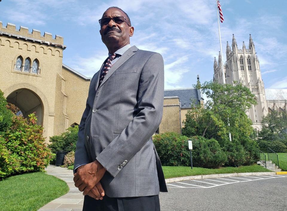 Former Ohio State quarterback Cornelius Green now works security for St. Alban's School, a private all-boys school in Washington, DC. The school (left) is located next to the National Cathedral (right). Photographed Wednesday, September 2, 2020.  (Photo courtesy Cornelius Green)