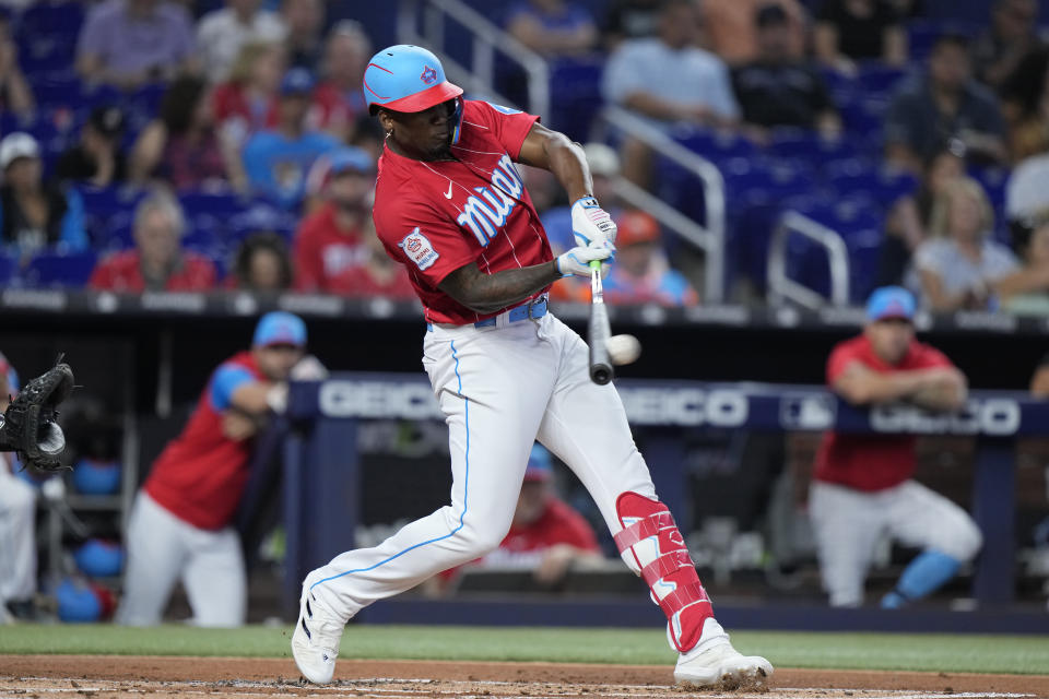 FILE - Miami Marlins designated hitter Jorge Soler bats during the first inning of a baseball game against the Washington Nationals, Saturday, Aug. 26, 2023, in Miami. Free agent outfielder Jorge Soler has agreed to a $42 million, three-year contract with the San Francisco Giants, according to a person with direct knowledge of the negotiations. (AP Photo/Wilfredo Lee, File)