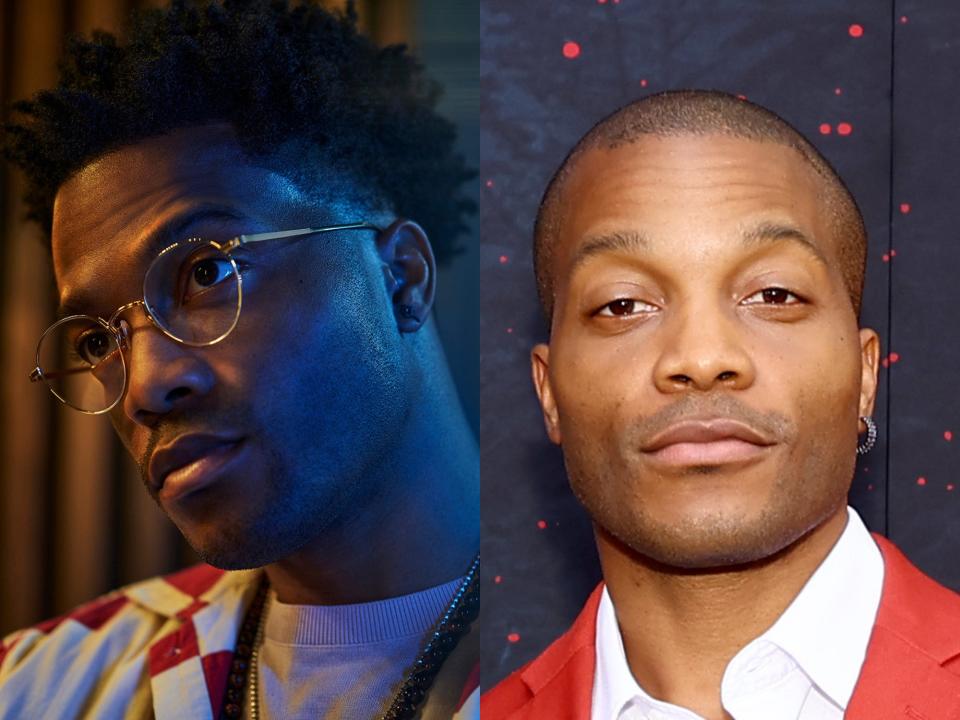 left: jermaine fowler as martin, wearing glasses; right: fowler with a close cropped haircut, smiling on a red carpet