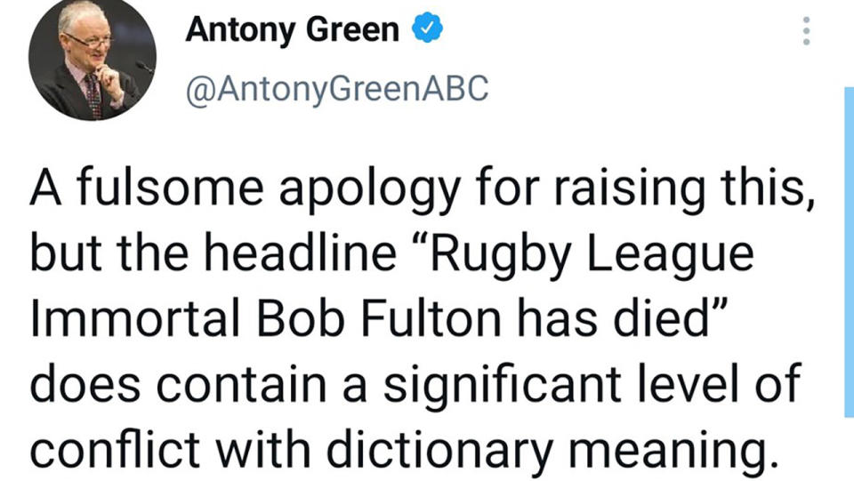 Antony Green's tweet about Bob Fulton, pictured here on Twitter.