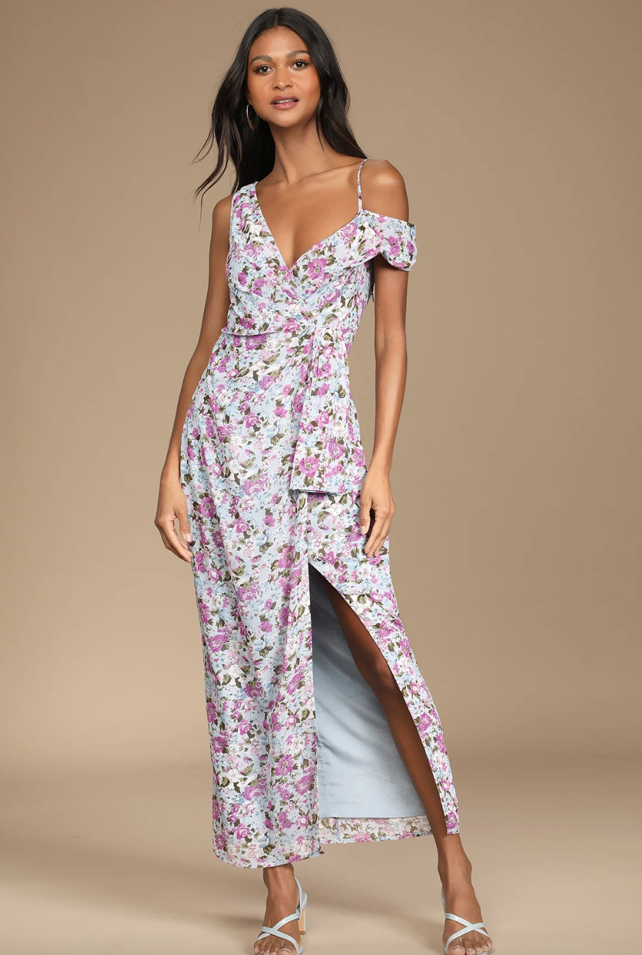 model in pink and blue floral dress, With a Flourish Blue Floral Print Off-the-Shoulder Maxi Dress (Photo via Lulus)