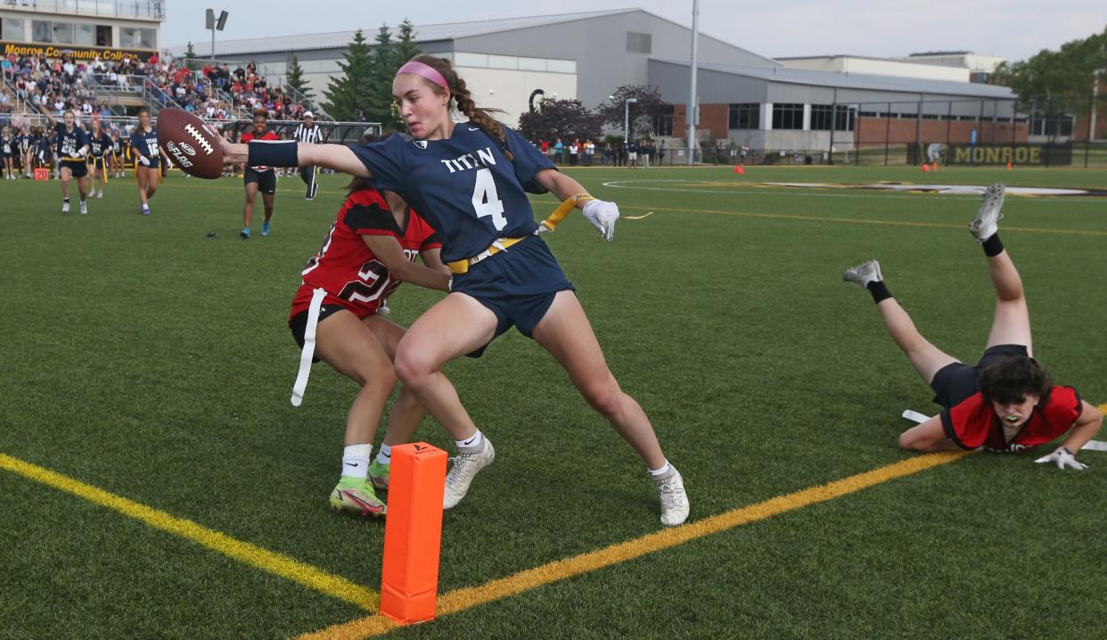 Thomas's Catherine Rogers reaches for the goal line but is ruled by officials to have stepped out of bounds at the one yard line during their flag football Class A sectional Championship game Saturday, June 10, 2023 at Monroe Community College.