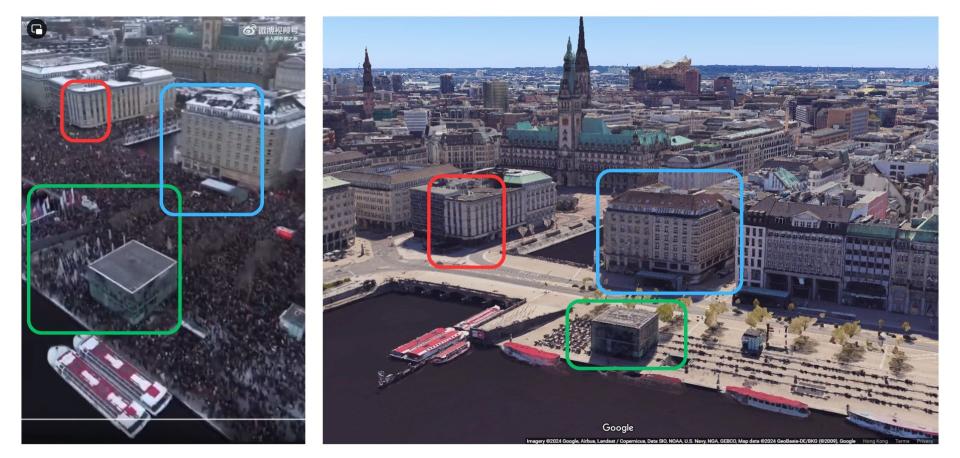 <span>Screenshot comparison of footage used in the false posts (left) and the same location as seen on Google Maps (right)</span>