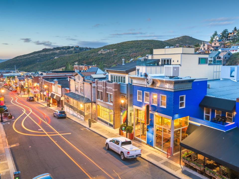 Park City, Utah, USA town skyline over Main Street at twilight.