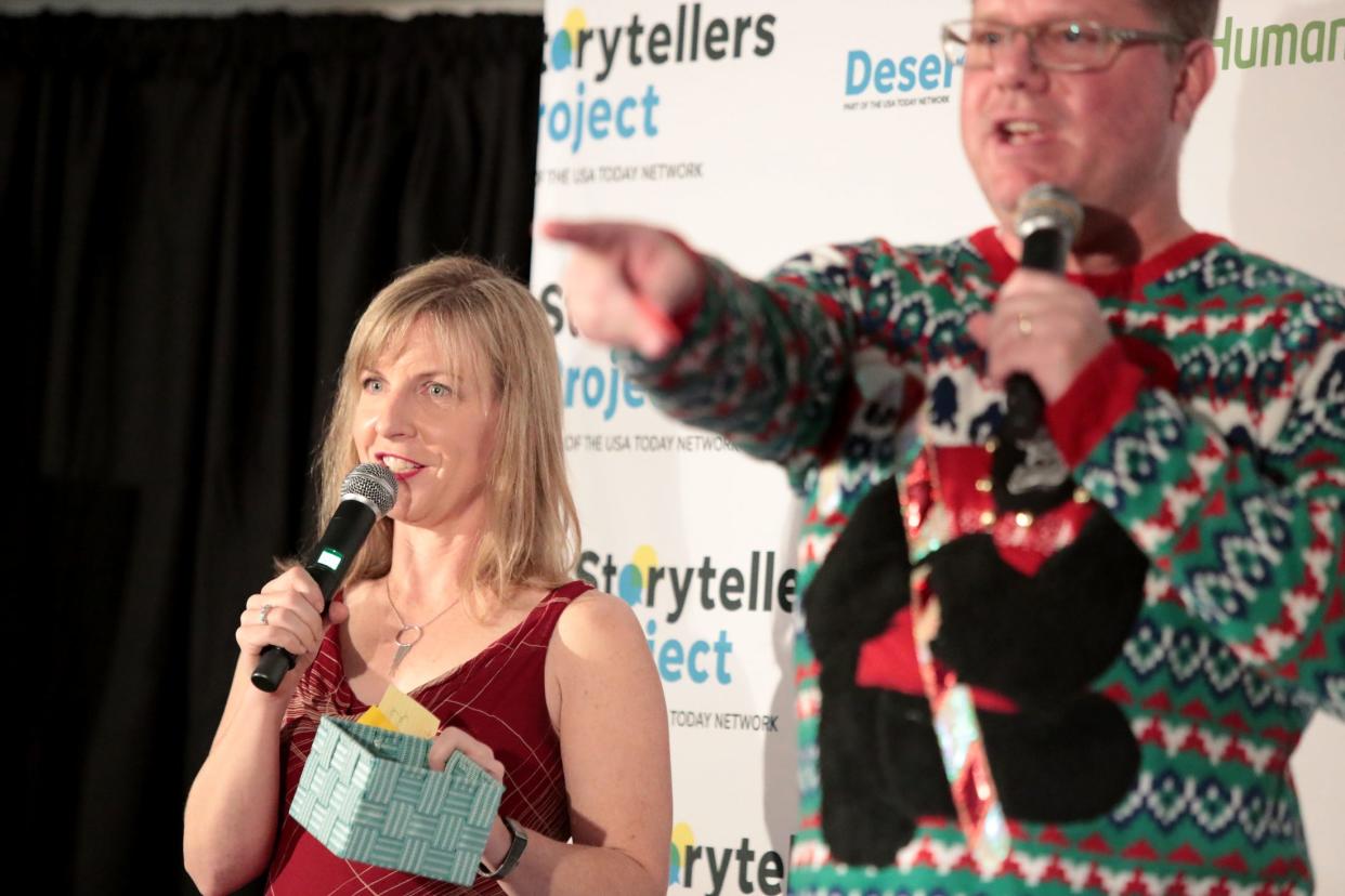 Desert Sun Executive Editor Julie Makinen, left, and Philanthrophy and Special Sections Editor Winston Gieseke emcee a Storytellers event at The Desert Sun in 2019. The special event also included a raffle drawing.