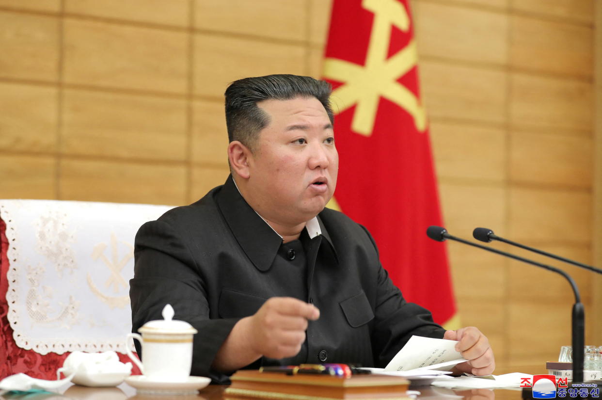 North Korean leader Kim Jong Un attends a Worker's Party meeting on COVID-19 outbreak response in this undated photo released by North Korea's Korean Central News Agency (KCNA) on May 15, 2022. (via Reuters)