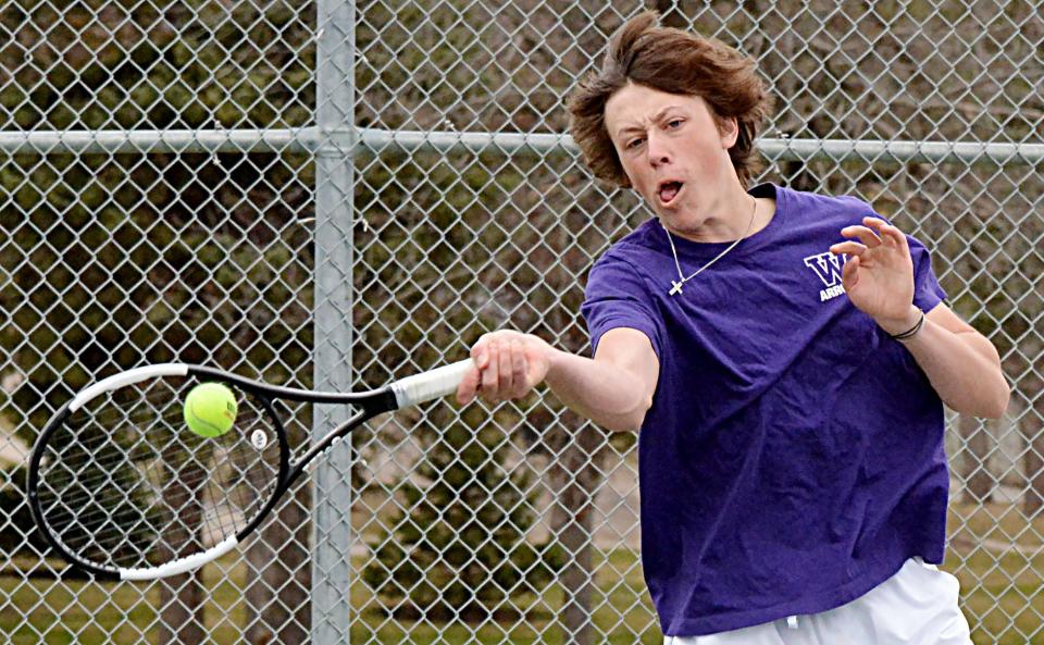 Watertown's Justin Remmers hits the ball during a high school boys tennis dual against Yankton on Thursday, April 27, 2023 at the Highland Park courts.