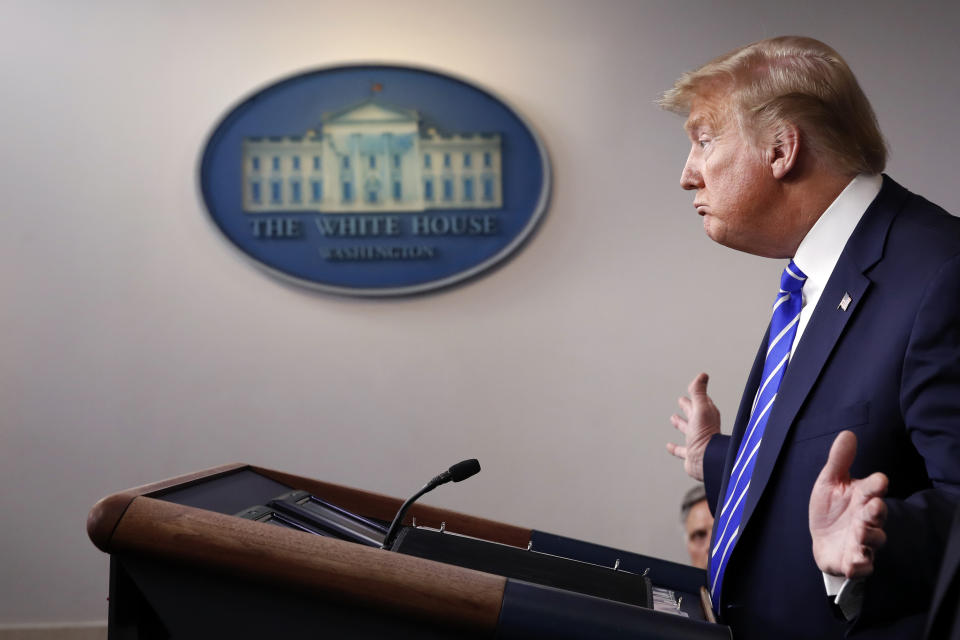 President Donald Trump speaks about the coronavirus in the James Brady Press Briefing Room of the White House, Thursday, April 23, 2020, in Washington. (AP Photo/Alex Brandon)