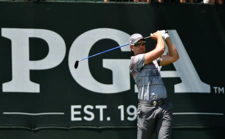 Jul 28, 2016; Springfield, NJ, USA; Henrik Stenson watches his tee shot on the first hole during the first round of the 2016 PGA Championship golf tournament at Baltusrol GC - Lower Course. Eric Sucar-USA TODAY Sports