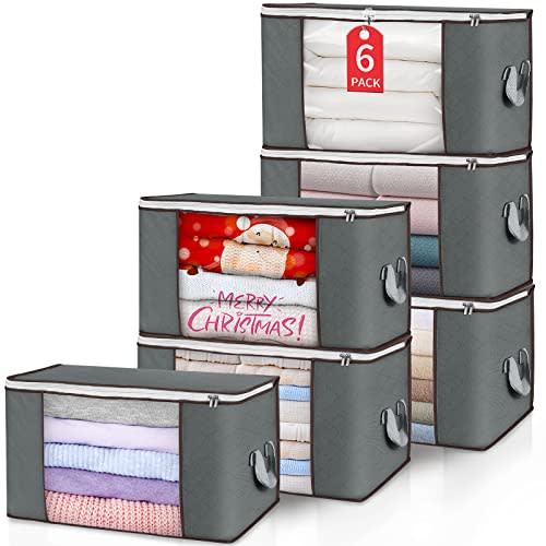 90L Large Storage Bags, 6 Pack Clothes Storage Bins Foldable Closet Organizer Storage Containers with Durable Handles Thick Fabric for Clothing, Blanket, Comforters, Bed Sheets, Pillows and Toys (Gray) (Amazon / Amazon)