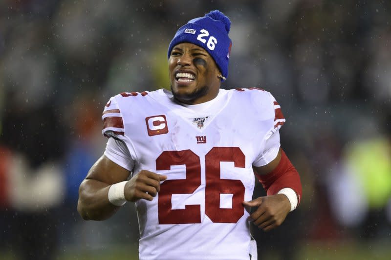 Running back Saquon Barkley eclipsed 100 yards from scrimmage and scored twice in a New York Giants win over the Green Bay Packers on Monday in East Rutherford, N.J. File Photo by Derik Hamilton/UPI