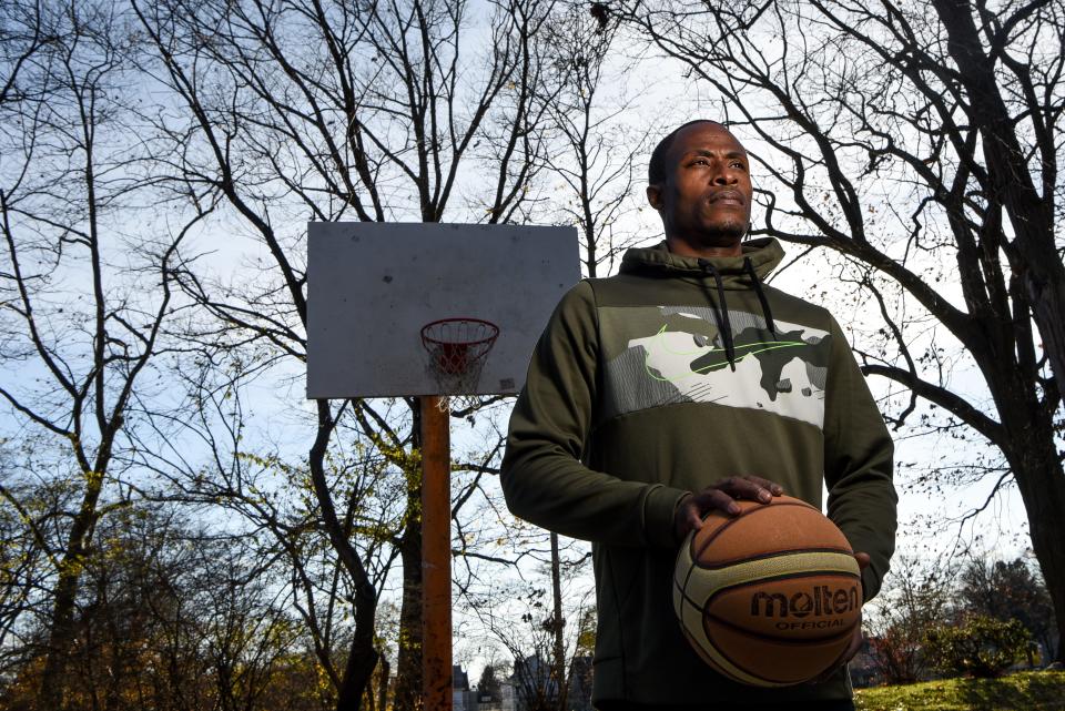 Rayshawn Brown on the basketball court at Nishuane Park in Montclair, N.J.