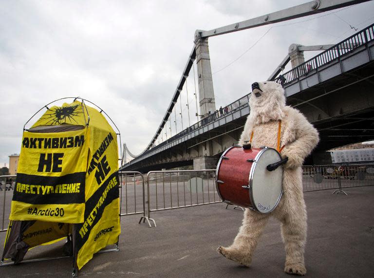 A demonstrator dressed as a polar bear at a Greenpeace protest in Moscow on October 5, 2013