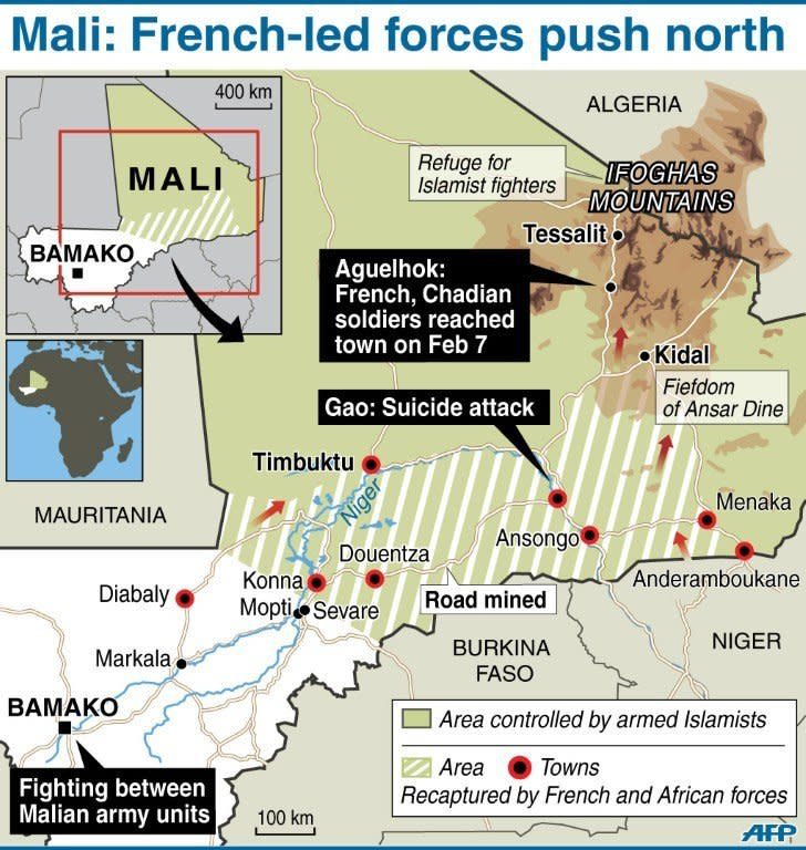 Map of Mali showing latest developments in the conflict. A suicide bomber blew himself up in northern Mali as a dramatic turn towards guerrilla tactics by Islamists and an outbreak of fighting among soldiers in the capital show the war is far from won for the embattled nation