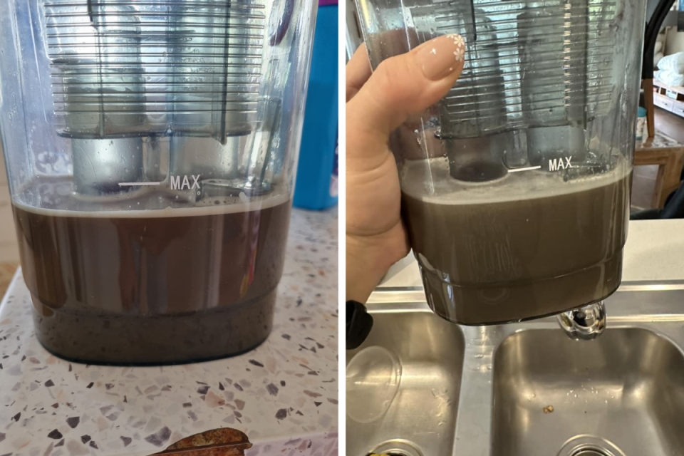 Two photos of Kmart spot cleaner filled with dirty brown liquid