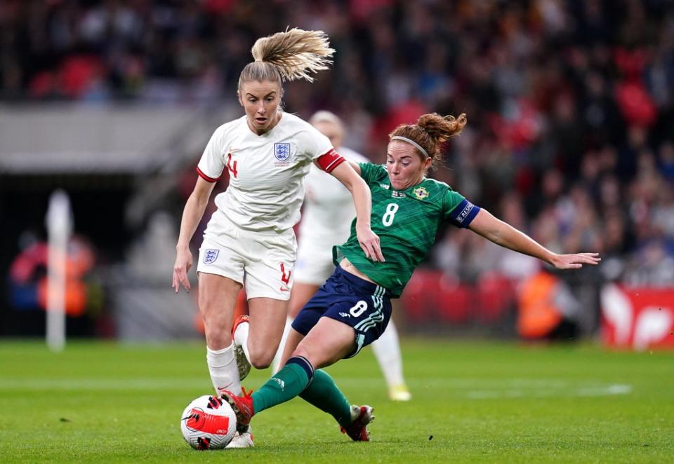 Northern Ireland captain Marissa Callaghan, right, puts in a tackle on Leah Williamson (John Walton/PA) (PA Wire)