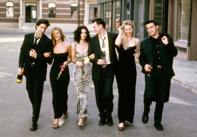 David Schwimmer as Ross Geller, Jennifer Aniston as Rachel Green, Courteney Cox as Monica Geller, Matthew Perry as Chandler Bing, Lisa Kudrow as Phoebe Buffay, Matt LeBlanc as Joey Tribbiani in a promo photo for 