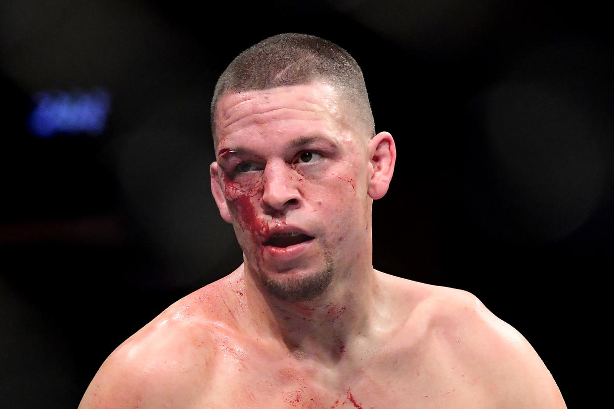 NEW YORK, NEW YORK - NOVEMBER 02: Nate Diaz of the United States fights against Jorge Masvidal (not pictured) of the United States in the Welterweight "BMF" championship bout during UFC 244 at Madison Square Garden on November 02, 2019 in New York City. (Photo by Steven Ryan/Getty Images)