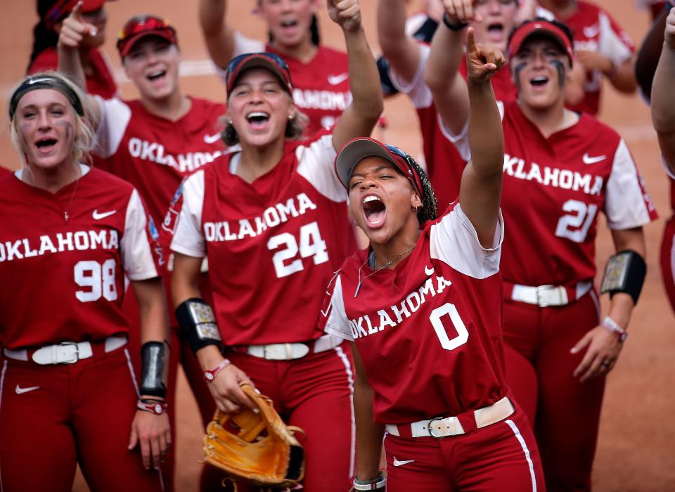 Oklahoma's Rylie Boone (0) celebrates following the Women's College World Series softball game between the Oklahoma Sooners and the UCLA Bruins at USA Softball Hall of Fame Stadium in Oklahoma City, Monday, June 6, 2022. Oklahoma won the if-necessary game 15-0.
