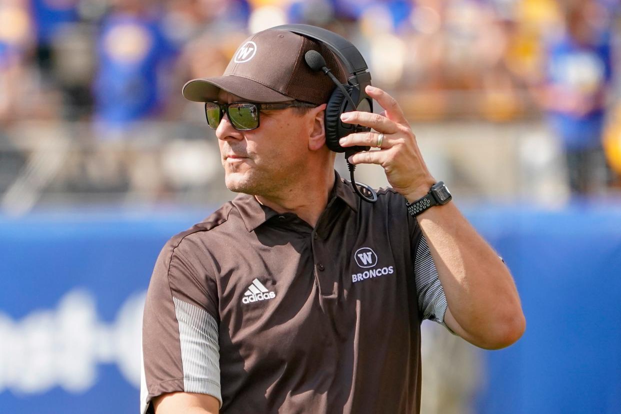 Western Michigan head coach Tim Lester against Pittsburgh during an NCAA college football game, Saturday, Sept. 18, 2021, in Pittsburgh.