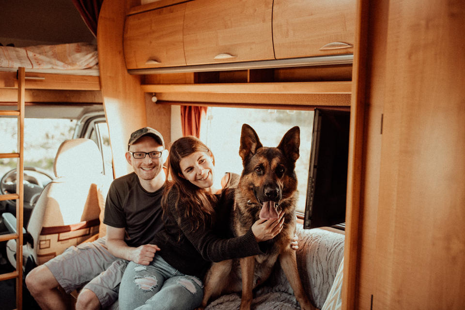 Laura Greeland, husband Karl and their dog hit the open road. (Supplied)