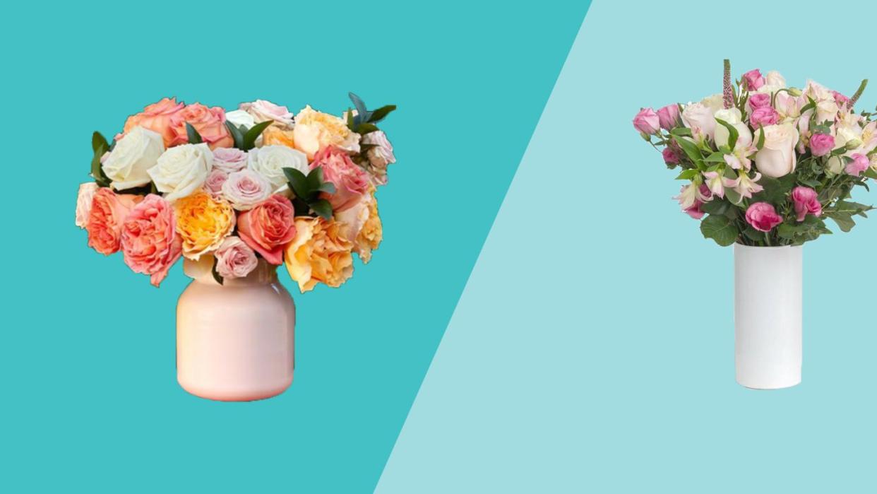 a couple of vases with flowers