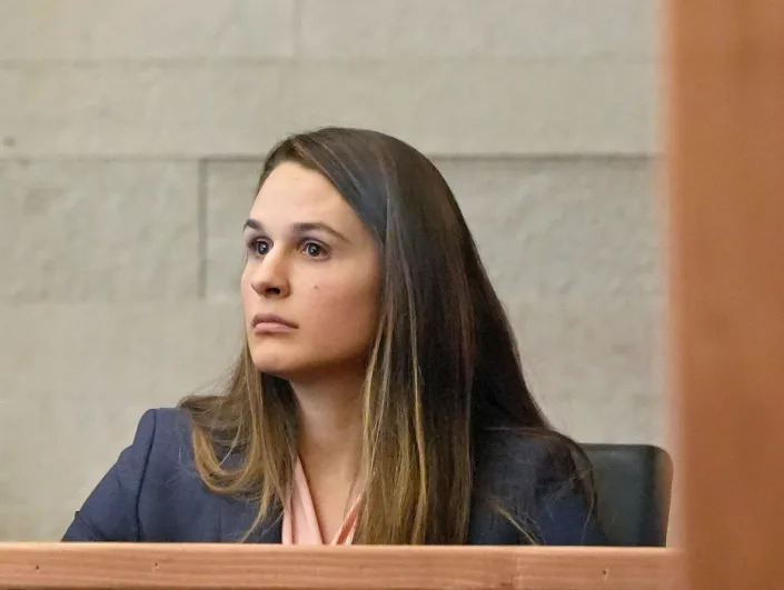 Stephanie LeChard, a former night-shift nurse with Mount Carmel Health, listens to a question Wednesday during her testimony in the trial of former health system doctor William Husel on 14 counts of murder at the Franklin County Courthouse.