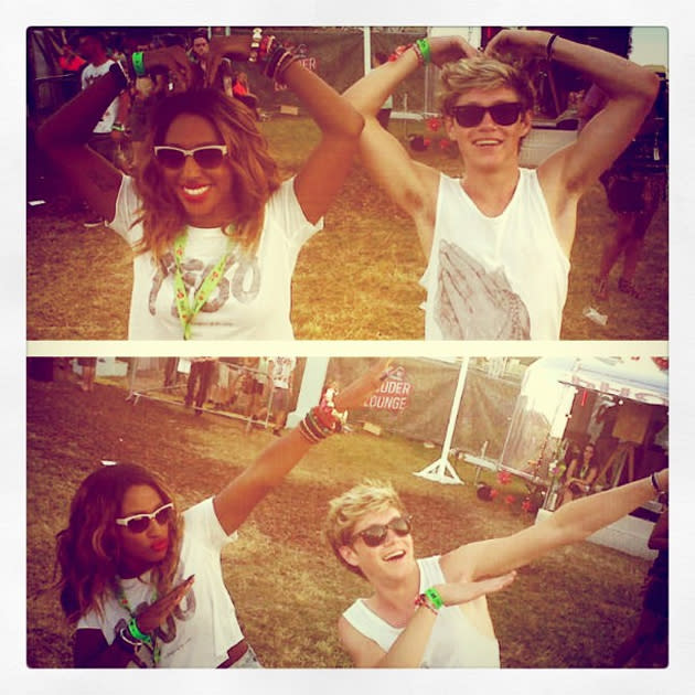 Celebrity photos: Alexandra Burke and Niall Horan are celeb BFFs, so when they bumped into each other at V Festival, they couldn’t resist larking around for a Twitpic. A few days later, Alexandra tweeted the photo, showing the pair doing Usain Bolt’s lightning bolt pose and Mo Farah’s Mo-Bot.