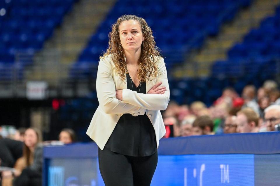 Penn State Head Coach Carolyn Kieger watches Sunday as the Lady Lions maintain their lead over Nebraska.