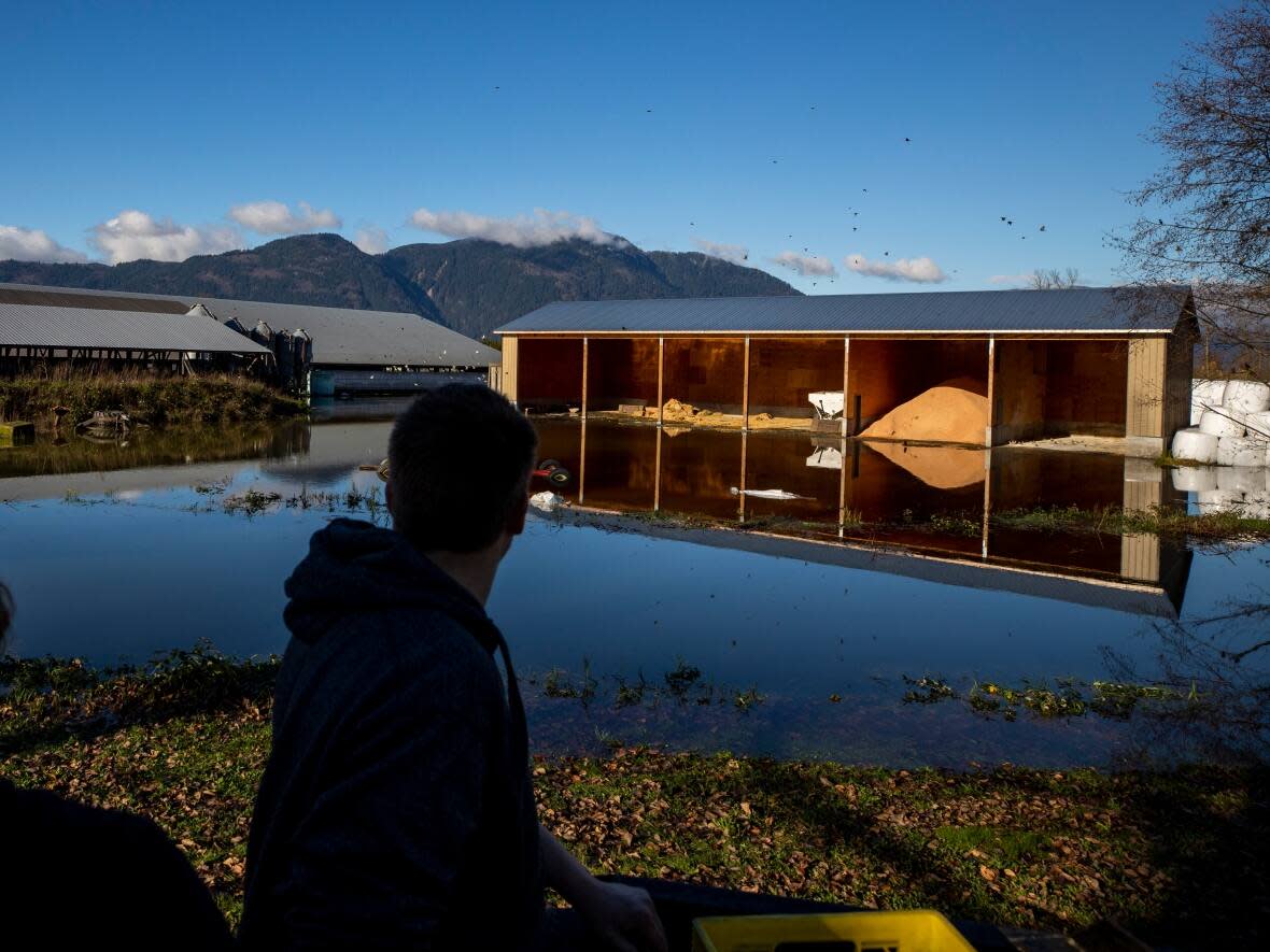 Volunteers from the community fill and deliver sandbags to farms in the Sumas Prairie flood zone in Yarrow, B.C., on Nov. 19, 2021.  (Ben Nelms/CBC - image credit)