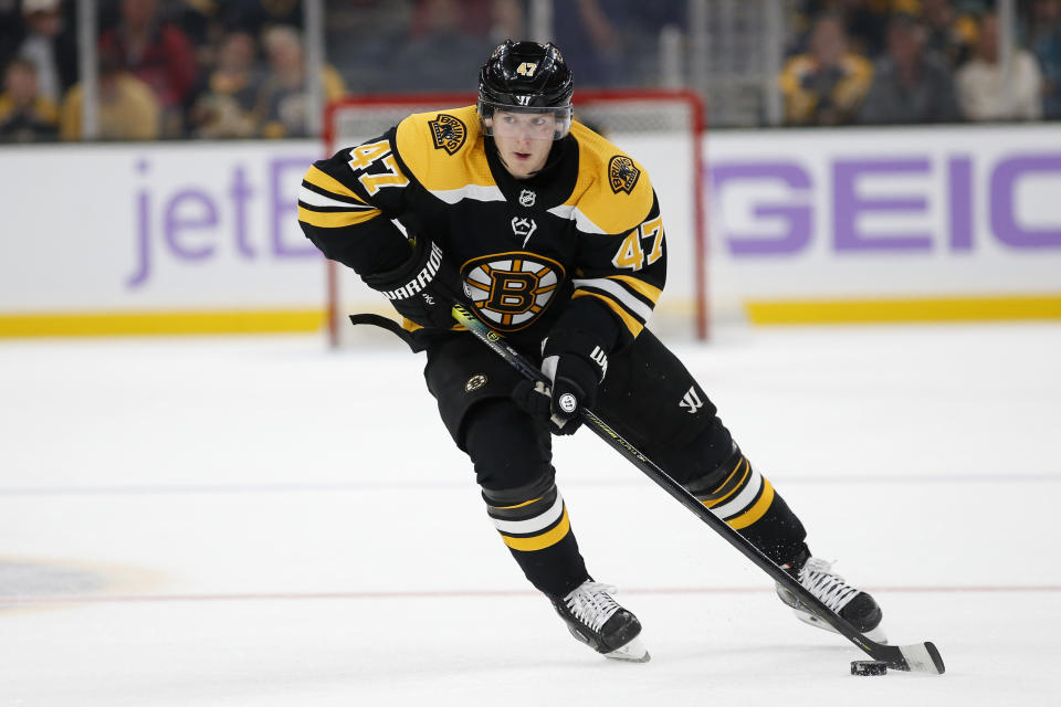 FILE - In this Oct. 29, 2019, file photo, Boston Bruins' Torey Krug is shown during the second period of an NHL hockey game against the San Jose Sharks, in Boston. The NHL is embarking on a free agent period like never before in hockey history. Defensemen Alex Pietrangelo and Torey Krug and winger Taylor Hall headline a talented free agent class. (AP Photo/Winslow Townson, FIle)