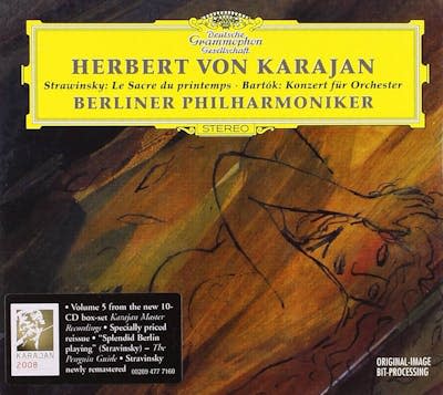 Portada de _La consagración de la primavera_ de Stravinski por la Filarmónica de Berlín dirigida por Herbert von Karajan.