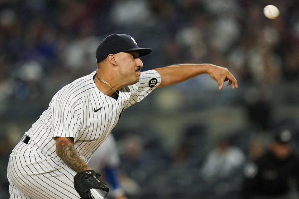 New York Yankees' Nestor Cortes Jr. delivers a pitch during the first inning of a baseball game against the Texas Rangers, Monday, Sept. 20, 2021, in New York. (AP Photo/Frank Franklin II)