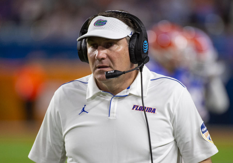 MIAMI GARDENS, FL - DECEMBER 30: Florida Gators head coach Dan Mullen on the sidelines during the College Football game between the Florida Gators and the Virginia Cavaliers at the Capital One Orange Bowl on December 30, 2019 at the Hard Rock Stadium in Miami Gardens, FL. (Photo by Doug Murray/Icon Sportswire via Getty Images)