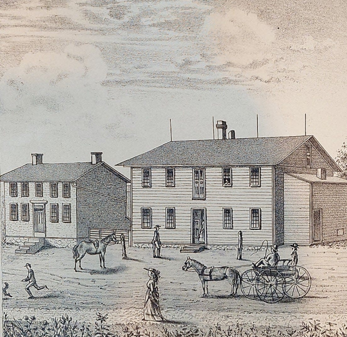 Picture is an illustration from the 1874 Caldwell Atlas and it shows the Mohicanville Woolen Mill.