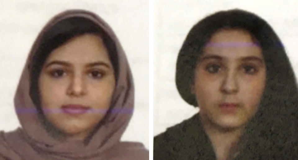 Two undated photos show sisters Rotana, left, and Tala Farea, whose fully clothed bodies, bound together with tape and facing each other, were discovered on on the banks of New York City’s Hudson River waterfront on Oct. 24, 2018. Source: NYPD via AP