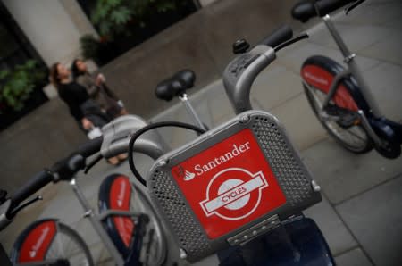 The logo of Santander bank is seen on rental bicycles in the City of London financial district in London