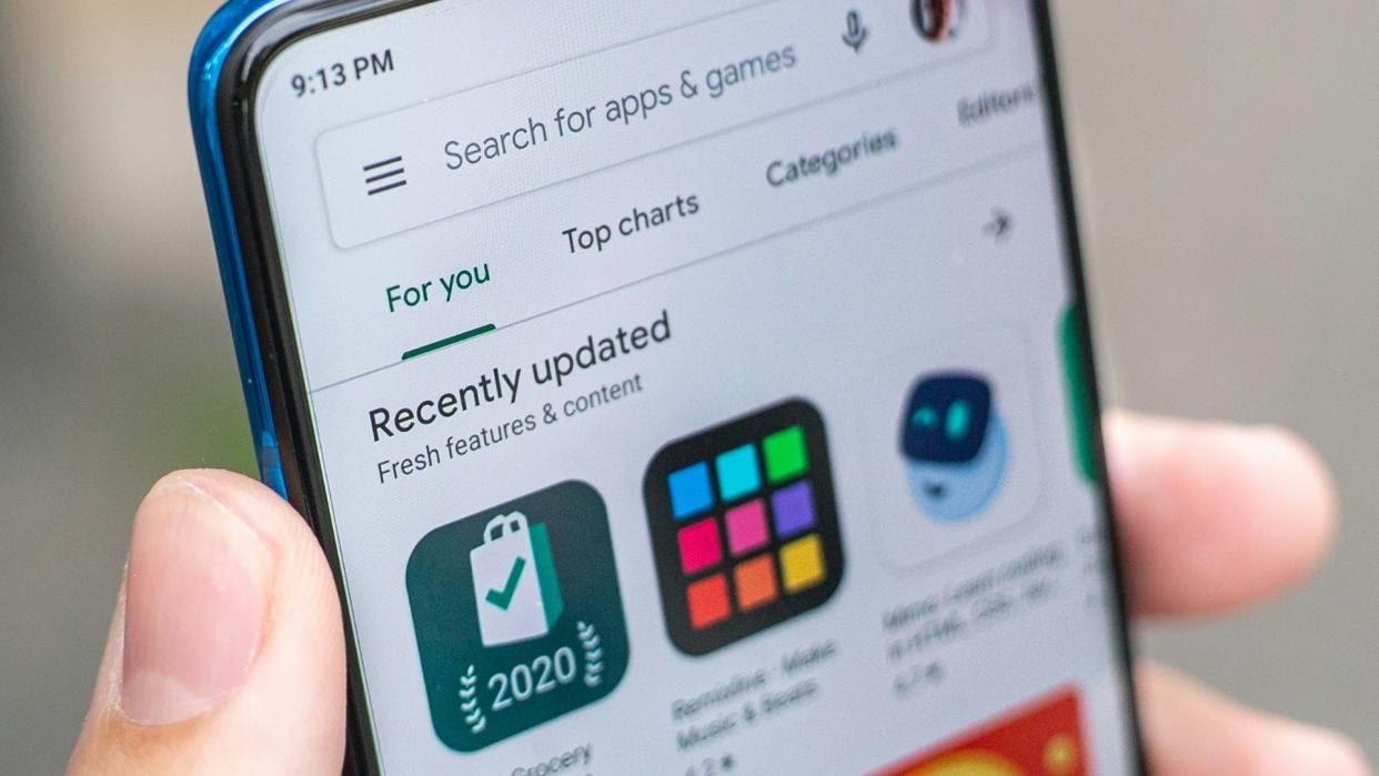  A close-up photo of the Google play store displayed on an Android phone. 