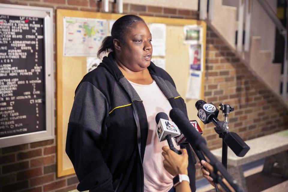 Shafonia Logan, wife of Eric Logan, speaks with the media in South Bend.