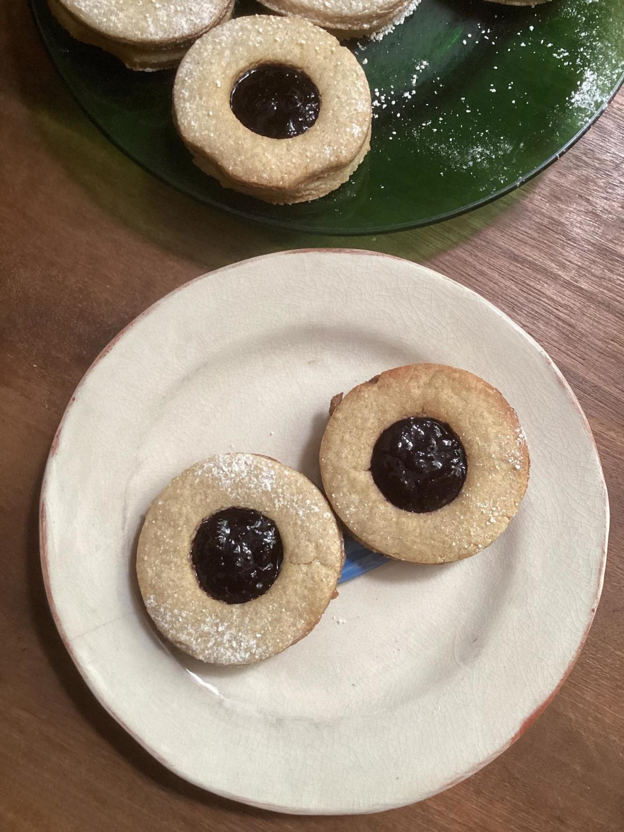 <span>Rachel Roddy'’s <em>biscotti occhi di bue</em>, or bullseye biscuits.</span><span>Photograph: Rachel Roddy/The Guardian</span>