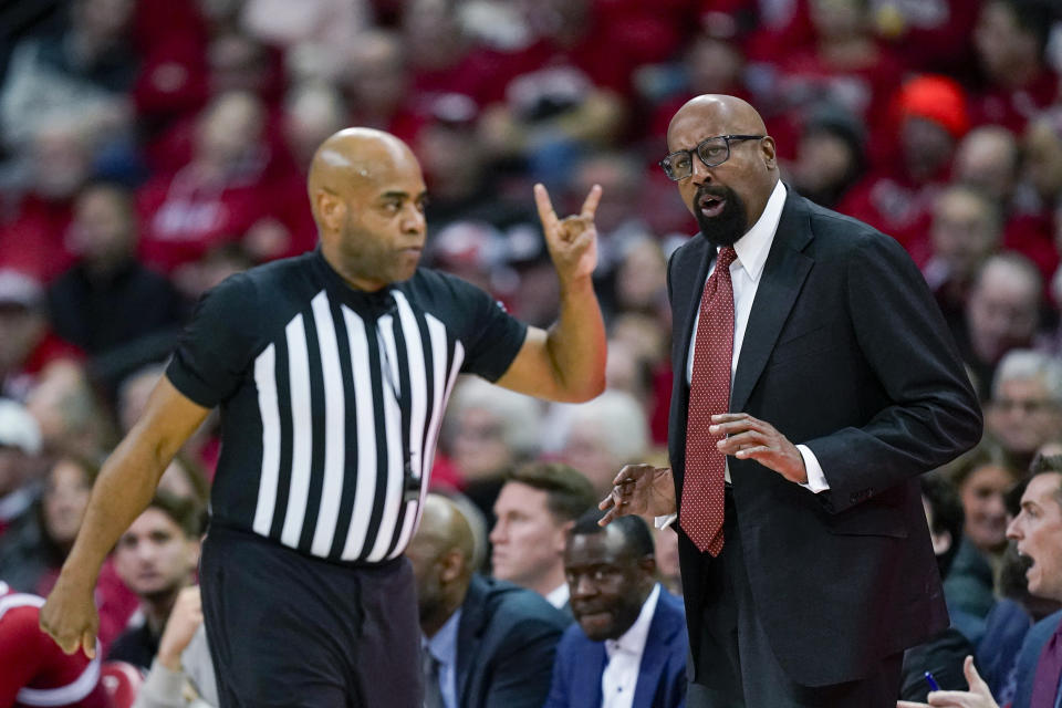 Indiana coach Mike Woodson disputes a call during the first half of the team's NCAA college basketball game against Wisconsin on Friday, Jan. 19, 2024, in Madison, Wis. (AP Photo/Andy Manis)