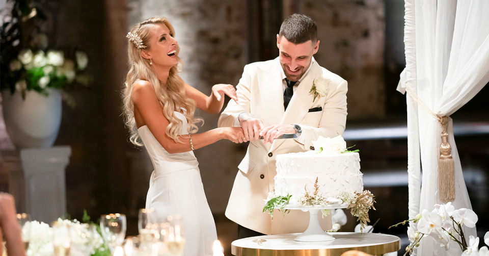 MAFS bride Tamara Djordjevic and Brent Vitiello cutting their wedding cake.