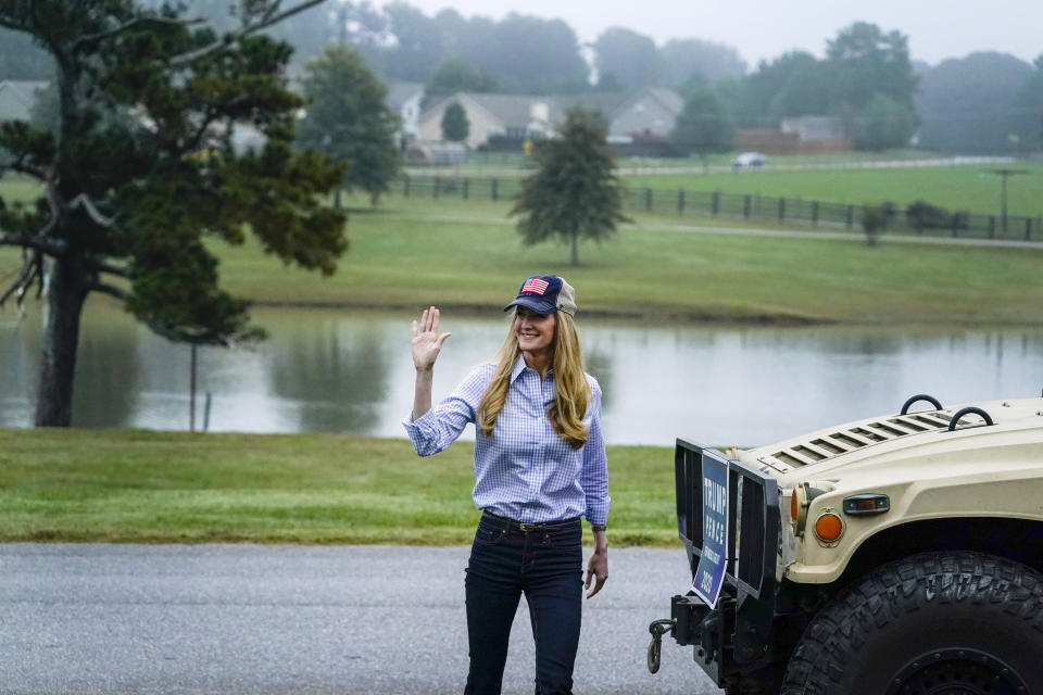 Sen. Kelly Loeffler, R-Ga., arrives before a news conference on Thursday, Oct. 15, 2020, in Dallas, Ga. (AP Photo/Brynn Anderson)