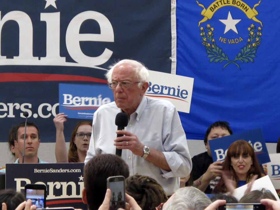 Sen. Bernie Sanders, I-Vt., speaks to several hundred people while campaigning for president at a town hall meeting at the Carson City Convention Center, Friday, Sept. 13, 2019, in Carson City, Nev. He said former Vice President Joe Biden is distorting Sanders' "Medicare for All" health care plan. (AP Photo/Scott Sonner)