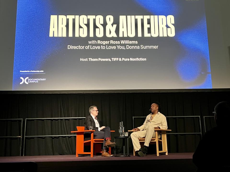 Director Roger Ross Williams (rt) and Thom Powers converse at CPH:DOX in Copenhagen, Wednesday, March 22, 2023