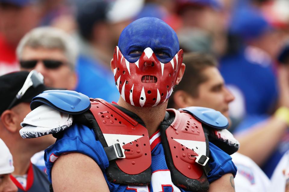 Corning-Painted Post Middle School Principal Frank Barber, also known as "Hannabill Lecter," cheers on the Buffalo Bills during a past game at Ralph Wilson Stadium in Orchard Park, New York. Barber is among the NFL franchise's most recognizable fans.
