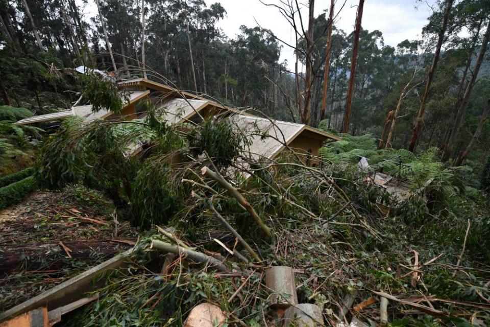 Storm damage to a property is seen in Olinda, Victoria.