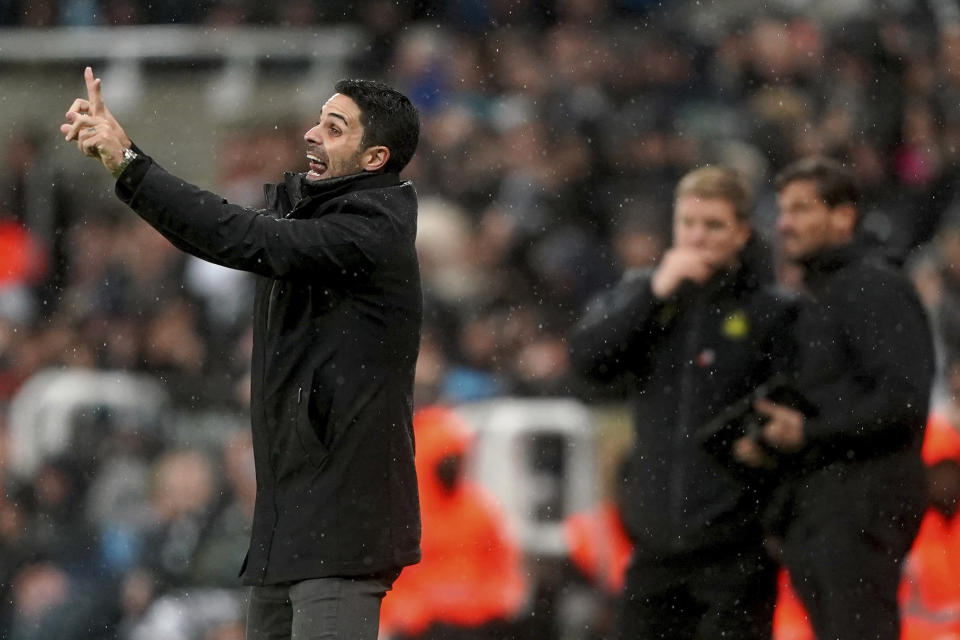 Arsenal Manager, Mikel Arteta, reacts, during the English Premier League soccer match between Newcastle United and Arsenal at St. James' Park, in Newcastle upon Tyne, England, Saturday, Nov. 4, 2023. (Owen Humphreys/PA via AP)