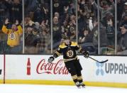 Feb 26, 2019; Boston, MA, USA; Boston Bruins left wing Brad Marchand (63) celebrates after scoring a goal against the San Jose Sharks during the second period at TD Garden. Mandatory Credit: Winslow Townson-USA TODAY Sports