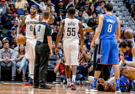 Nov 20, 2017; New Orleans, LA, USA; New Orleans Pelicans center DeMarcus Cousins (0) argues with an official after being called for a foul against Oklahoma City Thunder guard Russell Westbrook (0) during the third quarter at the Smoothie King Center. Cousins was ejected from the game after an officials review of the play determined it to be a flagrant two foul. The Pelicans defeated the Thunder 114-107. Derick E. Hingle-USA TODAY Sports